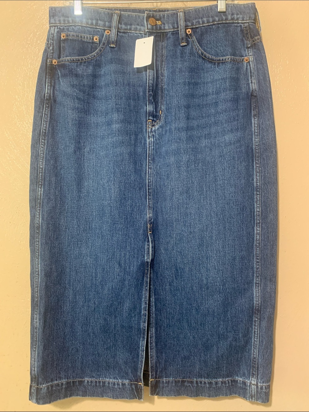 J. Crew size 10 Classic Dark Blue Denim Midi Skirt with Front Slit NWT